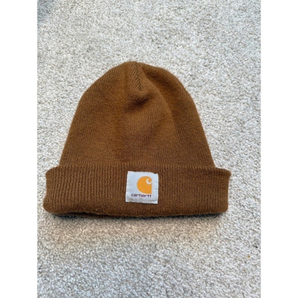 Carhartt Logo Knit Ribbed Cuffed Beanie Hat Brown Mens One Size A18